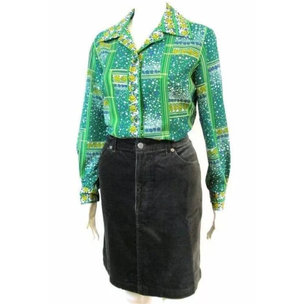 Vintage Alex Coleman Green Mustard Long Sleeve Button Down Blouse